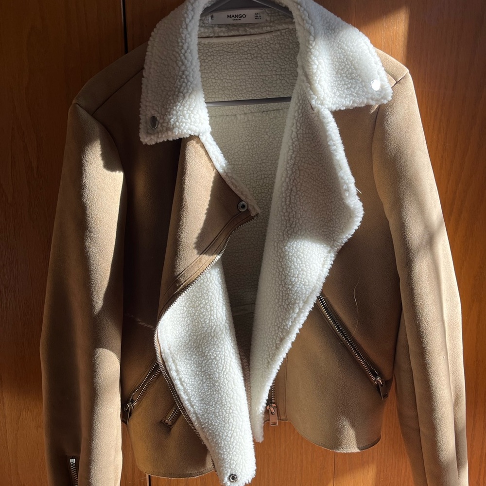 Mango Tan and White Teddy Jacket with Plush Collar